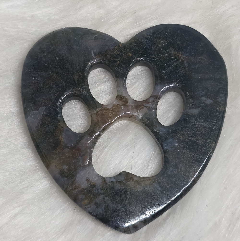 🐾 Moss Agate Paw Print Heart Crystal Carving 🐾
